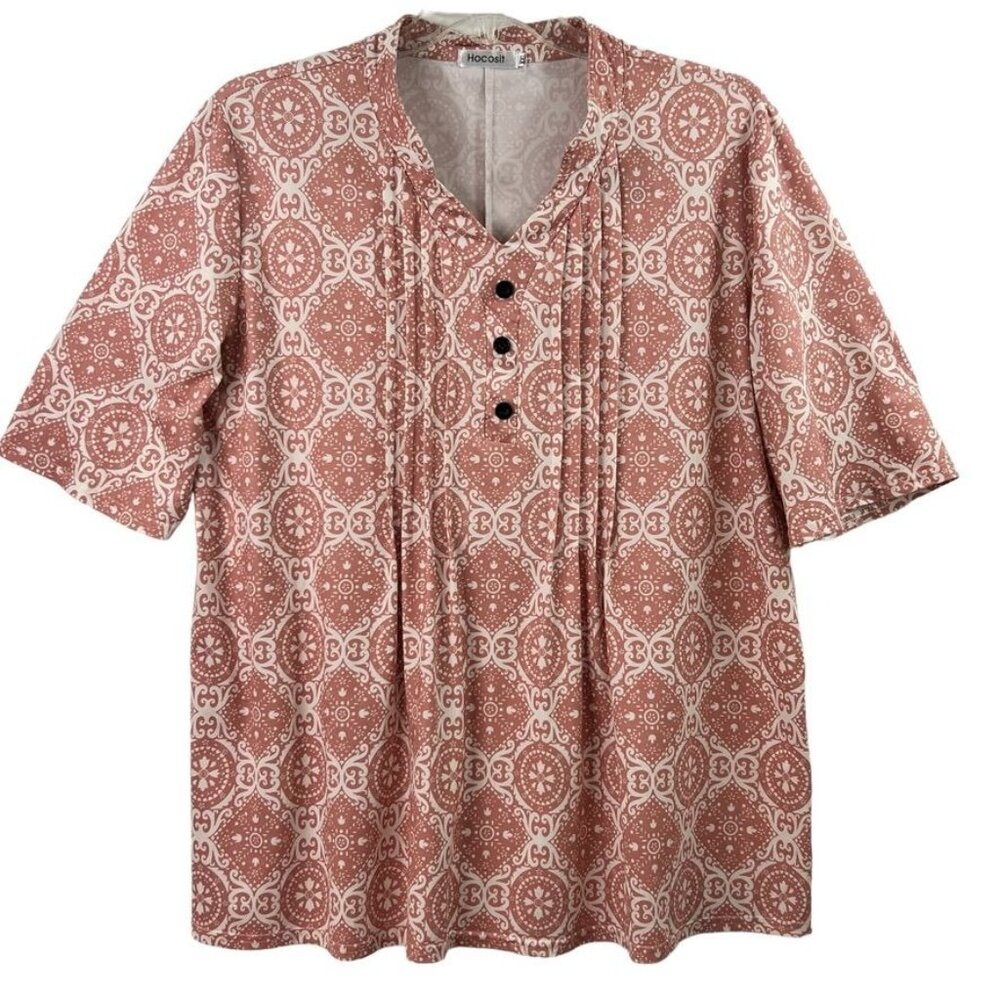 Hocosit Women's Blouse Tunic XXL V-Neck Pullover Short Sleeve Peach Stretch